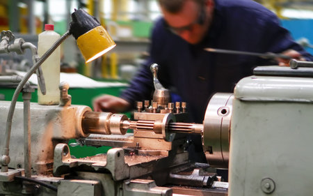 A machinist operates a lathe in a busy factory, focusing on precision metalworking and surrounded by...