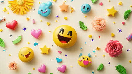 Bright emojis, hearts, flowers, and stars are scattered across a soft background, creating a fun and lively scene filled with happiness.の素材