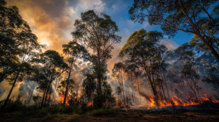 Fire consumes trees in a forest, sending up smoke and creating an orange glow against a colorful sunset sky.の素材