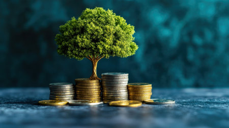 A tree stands tall on top of stacks of gold and silver coins. The scene shows a blend of nature and finance, illustrating the relationship between growth and money in a clear way.の素材