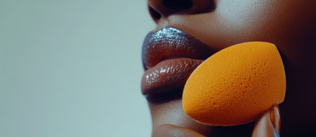 A close-up view shows a beauty sponge applying makeup on lips, highlighting skin texture under soft lighting, creating an elegant look.の素材