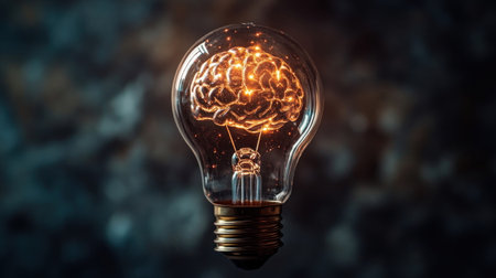 A brain is visible inside a light bulb, with glowing sparks around it. The scene shows light reflecting off the glass and highlights the connection between thought and innovation.の素材