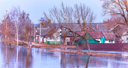 Water rises to surround homes and trees along a riverbank in a village during early spring, creating a quiet scene in nature.の写真素材