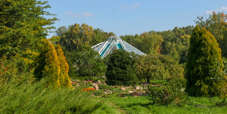 Lush greenery surrounds a striking glasshouse in a vibrant botanical garden on a sunny day. Trees and flowers bloom in abundance.の写真素材