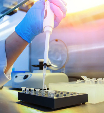 Hand holding pipette while collecting samples in laboratory during daylight hours