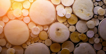 Circular wooden slices are arranged in an organized pattern, showcasing natural textures and warm colors under soft sunlight.の写真素材