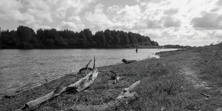 A solitary fisherman stands by the riverbank, casting his line into the calm water with trees in the...