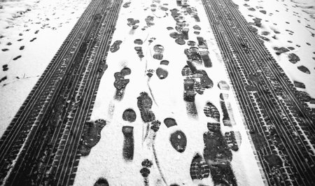 Numerous footprints and tire tracks create patterns in fresh snow on a chilly winter day, showcasing...