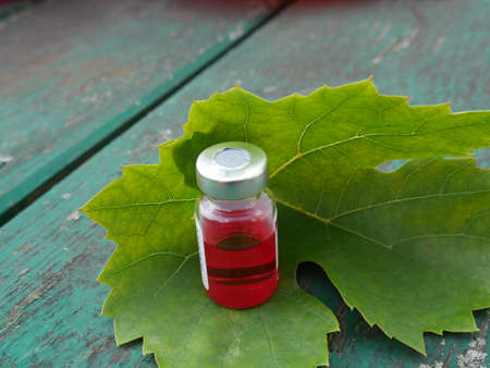 bottle with red medicine on the background of a leafの写真素材