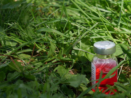 bottle with red medicine on the background of a leafの写真素材