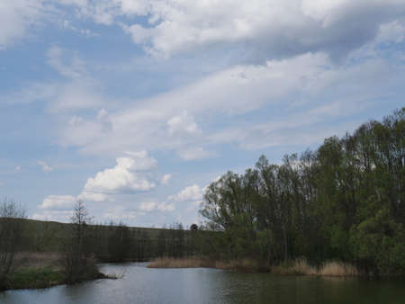 spring river in cloudy weather. Green grassの写真素材