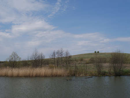 spring river in cloudy weather. Green grassの写真素材