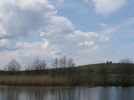 spring river in cloudy weather. Green grassの写真素材