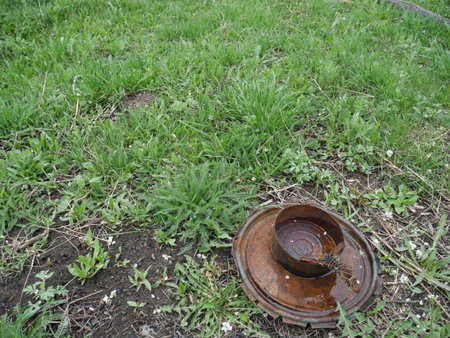 an old rusty jar stands on the green grass on a cloudy day
