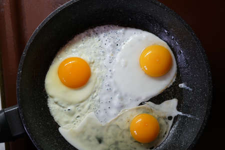 Fried eggs in a frying pan. Yellow yolks. The view from the top.の写真素材