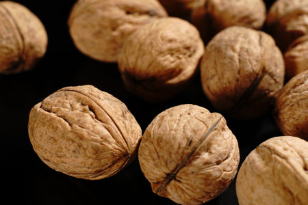 Walnuts on a black background. The light was dim.の写真素材