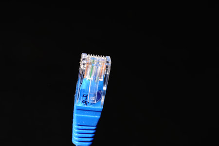 The Internet connection wire is blue. RJ45 on a black background.