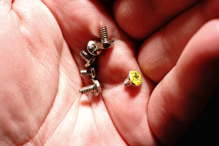 The small computer bolts are in my hand. Closeup.の写真素材