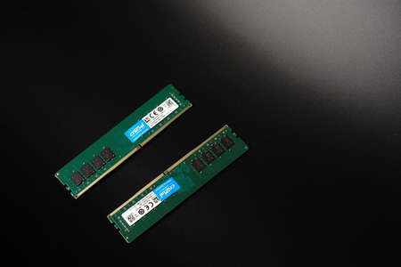 Moscow, Russia - march 3 2021: Branded RAM bars for a high-capacity personal computer on a black background. Closeのeditorial素材