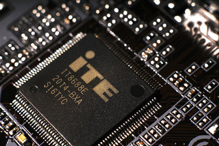 Moscow, Russia - march 3 2021: Microchip closeup. Dimmed lights