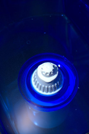 The water filter inside is blue. You can see the cartridge that filters the water. Vertical snapshot