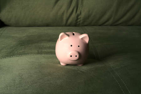 Piggy bank in the form of a pink pig standing on a soft sofa.の写真素材