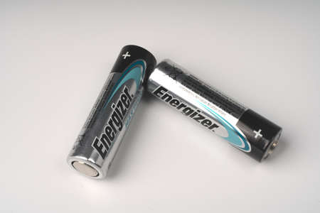 Moscow, Russia - june 18 2021: Two Energizer closeup batteries. For powering various small electrical appliances. Space for textのeditorial素材