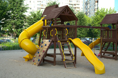Moscow, Russia - june 27 2021: Childrens Playground with a slide on which children can roll down