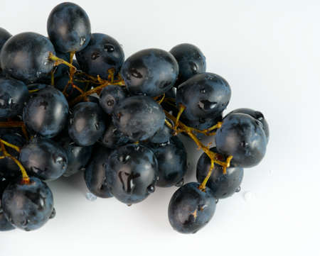 A bunch of black grapes on a white background closeupの写真素材
