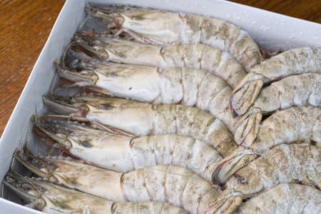 Huge frozen king prawns in a packageの写真素材