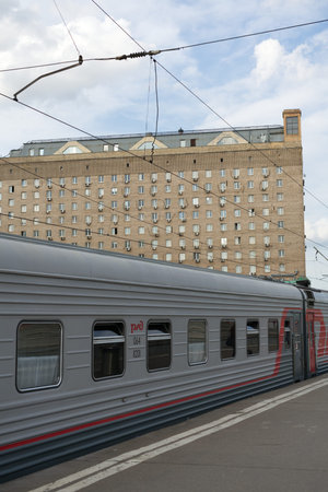 MOSCOW, RUSSIA-August 10, 2021: Kazansky railway station in Moscow in summer. The train and the...