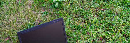 Laptop on the green grass in summer. Outdoor office and the concept of remote workの写真素材