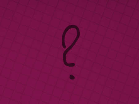 A drawn question mark on a checkered notebook sheet. In purple color tonesの写真素材