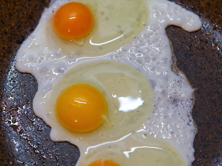 Fried eggs in a frying pan. View from aboveの写真素材