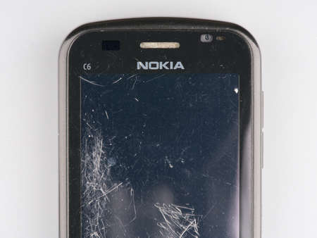 MOSCOW, RUSSIA-February 23, 2022: An old Nokia mobile phone closeup . A black and white screen is displayedのeditorial素材