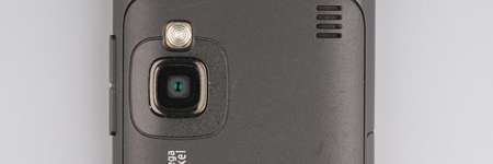 MOSCOW, RUSSIA-February 23, 2022: An old Nokia mobile phone closeup . Only phones camera is visibleのeditorial素材