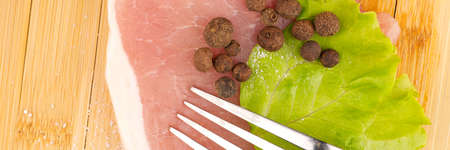 A piece of meat with a lettuce leaf and the sharp edges of a forkの写真素材