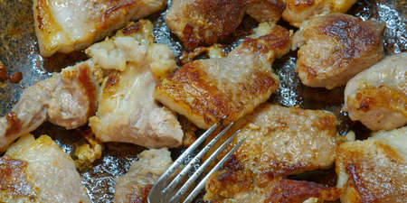 Toasted pieces of pork in a frying pan. Closeupの写真素材
