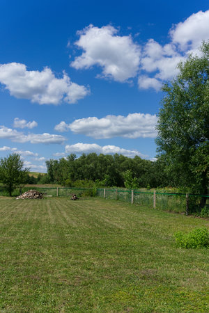 White clouds against a blue sky in summer and a green lawn with trimmed grass. Summerの写真素材