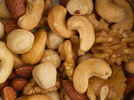 Many different nuts closeup. View from aboveの写真素材