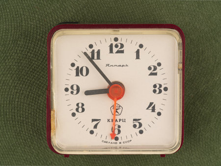 Moscow, Russia-September 16, 2022: An old alarm clock. Produced in the USSR. Closeupのeditorial素材