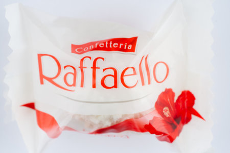Moscow, Russia-September 16, 2022: Raffaello candies in a package on a white background. Closeupのeditorial素材