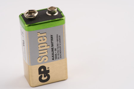 Moscow, Russia-September 16, 2022: 9 volt battery on a white background. Space for textのeditorial素材