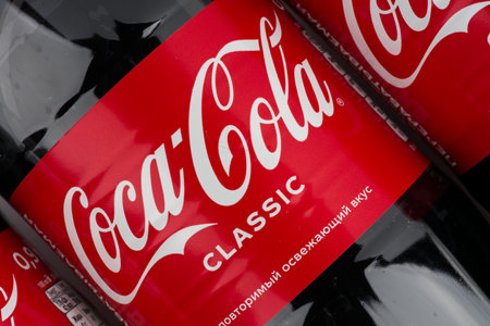 Moscow, Russia-September 16, 2022: Bottles of Coca Cola closeup. View from aboveのeditorial素材