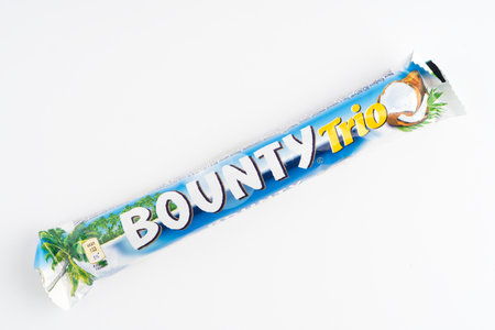 Moscow, Russia-September 16, 2022: Bounty chocolate bar on a white background. Closeupのeditorial素材