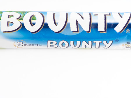 Moscow, Russia-September 16, 2022: Bounty chocolate bar on a white background. Very closeのeditorial素材