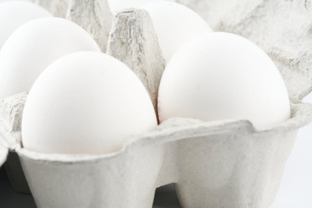 Chicken eggs in a package. closeup.の写真素材