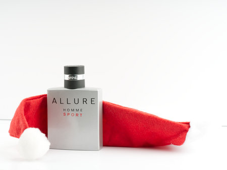Moscow, Russia-October 16, 2022: Mens branded perfumes and Santa Claus hatのeditorial素材