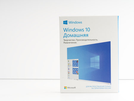 Moscow, Russia-October 16, 2022: A box with an operating system for a Windows 10 computer. On a white backgroundのeditorial素材