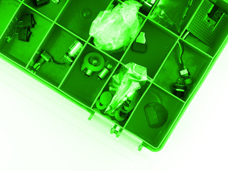 Details in the box of a person engaged in repairing electronics on a white background. Flatlayの写真素材